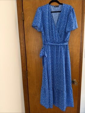 Royal Blue Floral Wrap Maxi Dress with Tie Waist